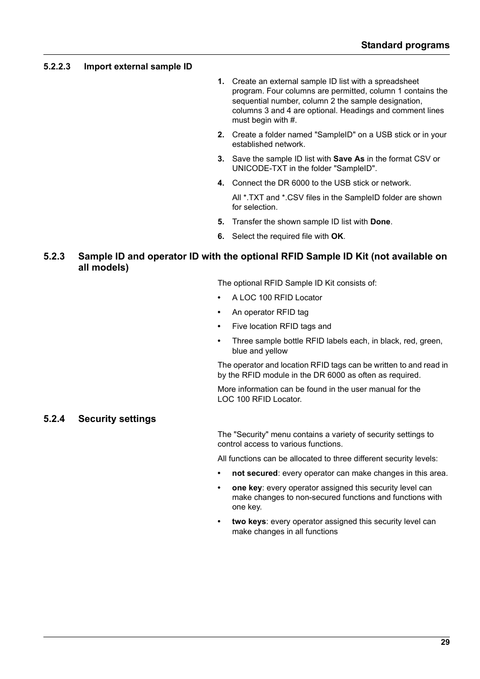 3 import external sample id, 4 security settings | Hach-Lange DR 6000 User Manual User Manual | Page 29 / 158