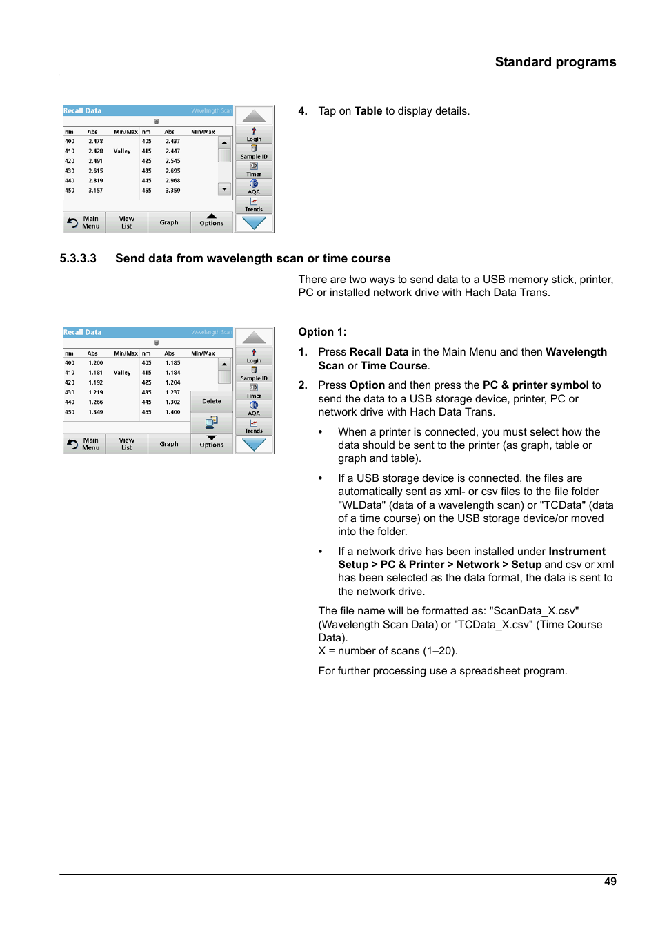 3 send data from wavelength scan or time course, Standard programs | Hach-Lange DR 6000 User Manual User Manual | Page 49 / 158
