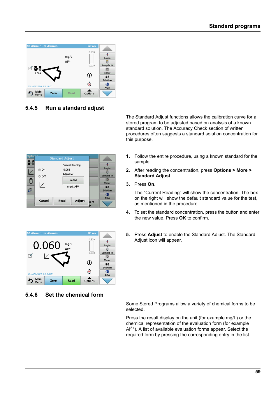5 run a standard adjust, 6 set the chemical form, Standard programs | Hach-Lange DR 6000 User Manual User Manual | Page 59 / 158