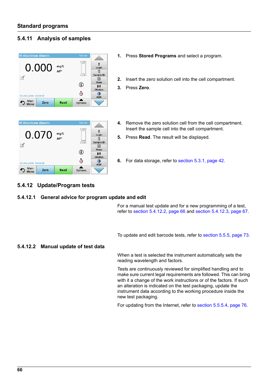 11 analysis of samples, 12 update/program tests, 1 general advice for program update and edit | 2 manual update of test data, 11 analysis of samples 5.4.12 update/program tests, Standard programs 5.4.11 analysis of samples | Hach-Lange DR 6000 User Manual User Manual | Page 66 / 158