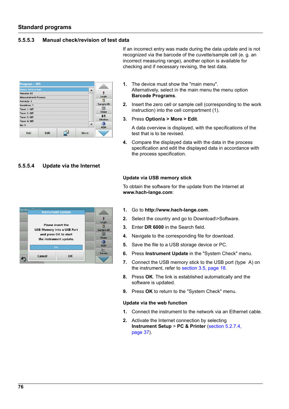 3 manual check/revision of test data, 4 update via the internet, Standard programs | Hach-Lange DR 6000 User Manual User Manual | Page 76 / 158