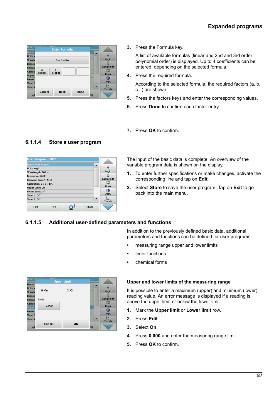 4 store a user program, 5 additional user-defined parameters and functions, Expanded programs | Hach-Lange DR 6000 User Manual User Manual | Page 87 / 158