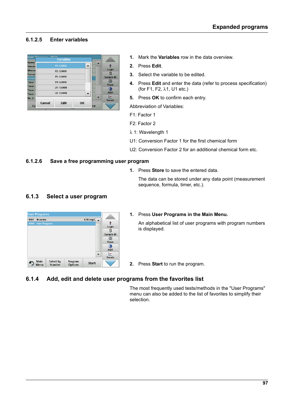 5 enter variables, 6 save a free programming user program, 3 select a user program | Hach-Lange DR 6000 User Manual User Manual | Page 97 / 158