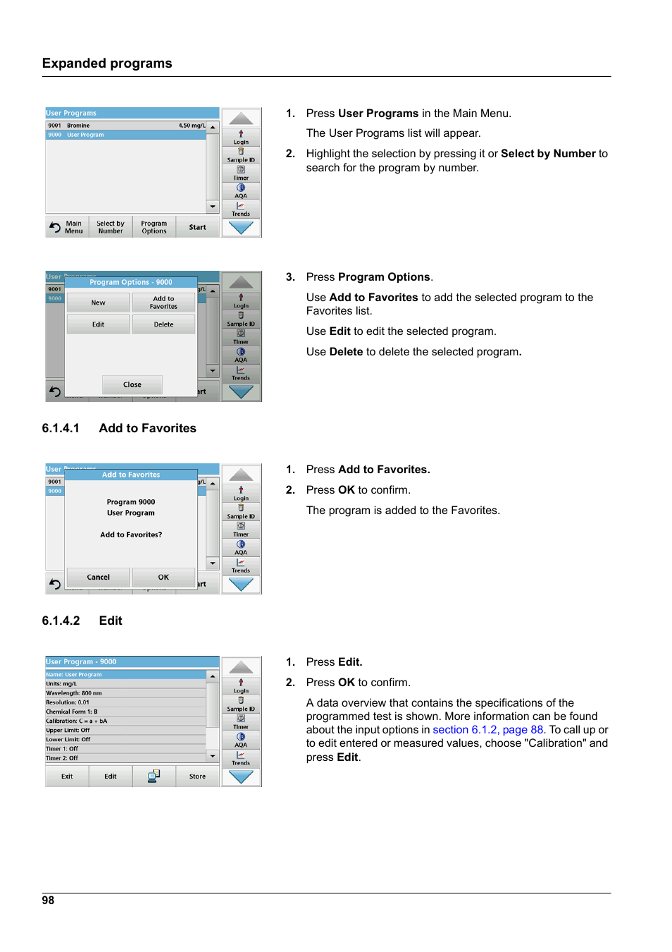 1 add to favorites, 2 edit, 1 add to favorites 6.1.4.2 edit | Expanded programs | Hach-Lange DR 6000 User Manual User Manual | Page 98 / 158