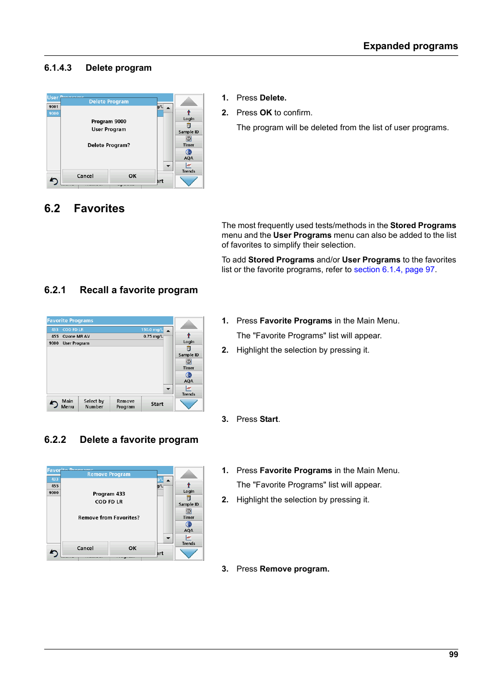 3 delete program, 2 favorites, 1 recall a favorite program | 2 delete a favorite program | Hach-Lange DR 6000 User Manual User Manual | Page 99 / 158