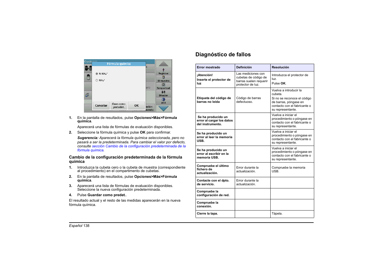 Diagnóstico de fallos | Hach-Lange DR 3900 Basic User Manual User Manual | Page 138 / 422