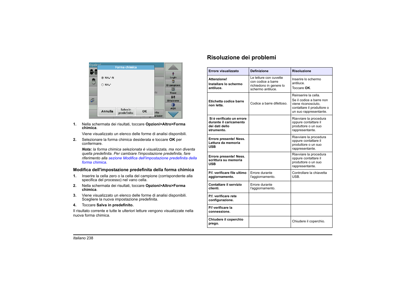 Risoluzione dei problemi | Hach-Lange DR 3900 Basic User Manual User Manual | Page 238 / 422