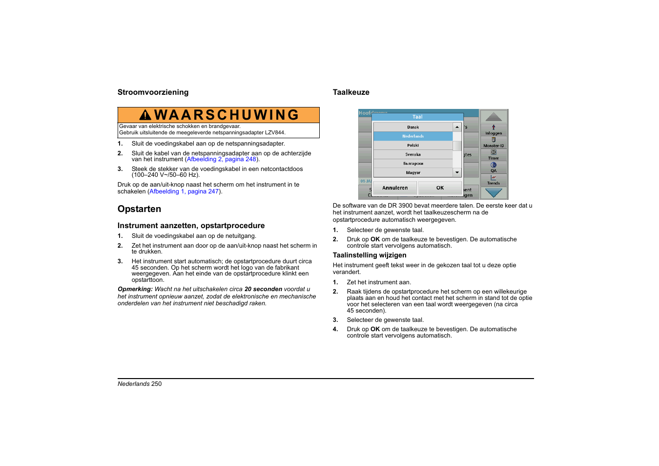 Opstarten | Hach-Lange DR 3900 Basic User Manual User Manual | Page 250 / 422