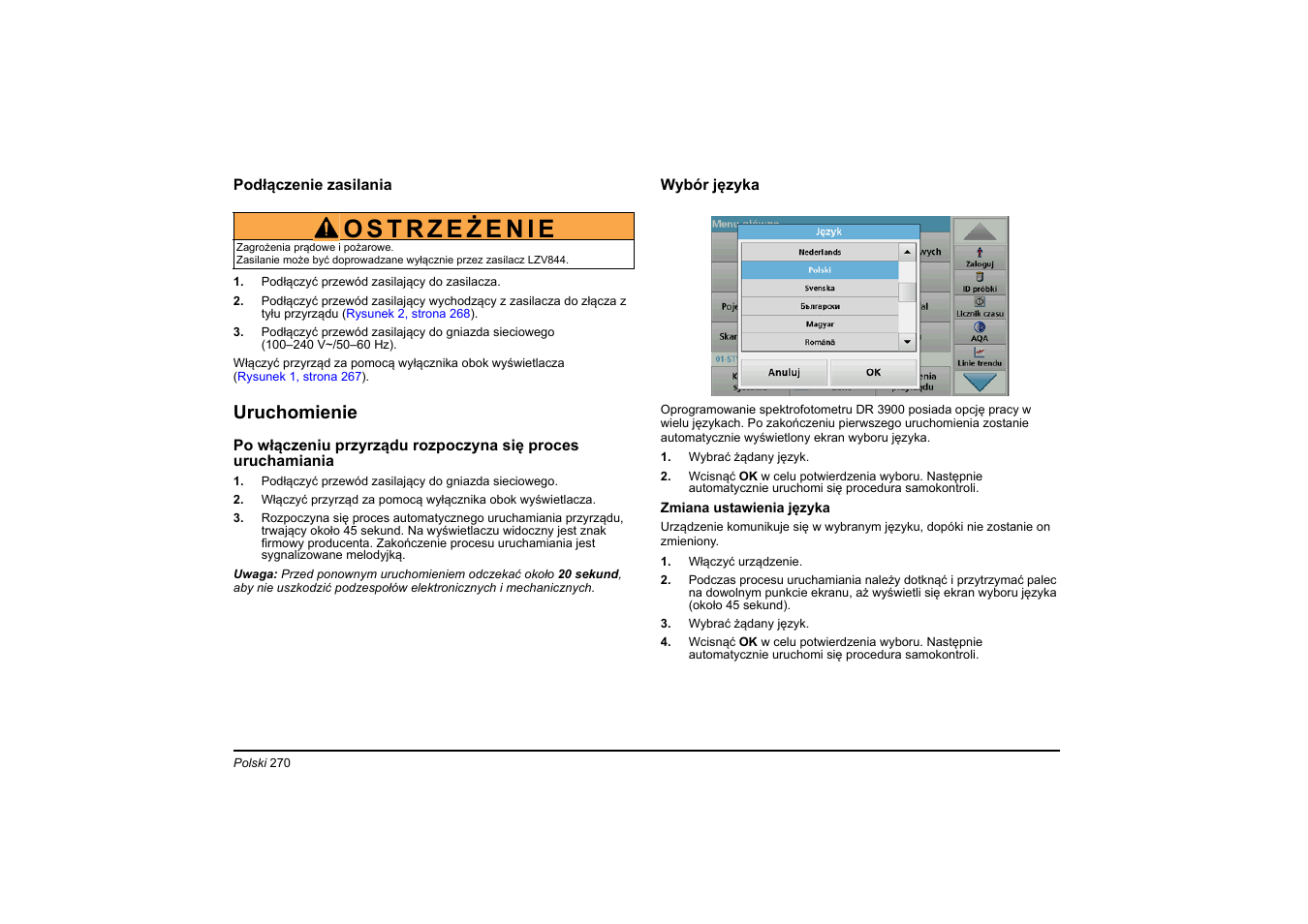 Uruchomienie | Hach-Lange DR 3900 Basic User Manual User Manual | Page 270 / 422