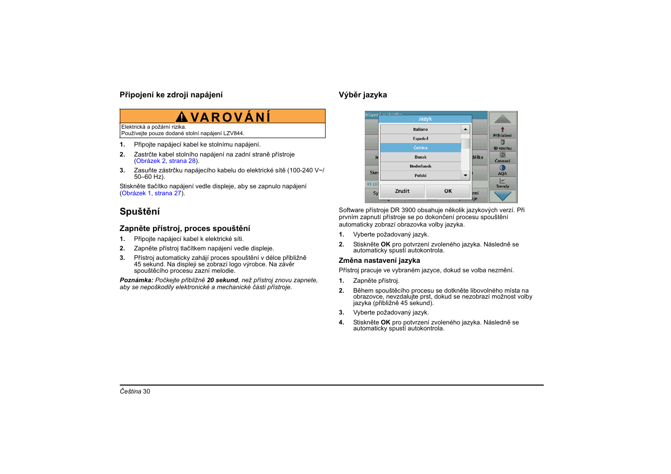Spuštění | Hach-Lange DR 3900 Basic User Manual User Manual | Page 30 / 422