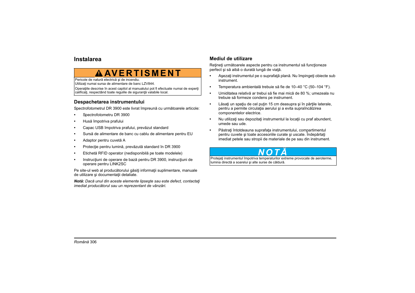N o t ă | Hach-Lange DR 3900 Basic User Manual User Manual | Page 306 / 422