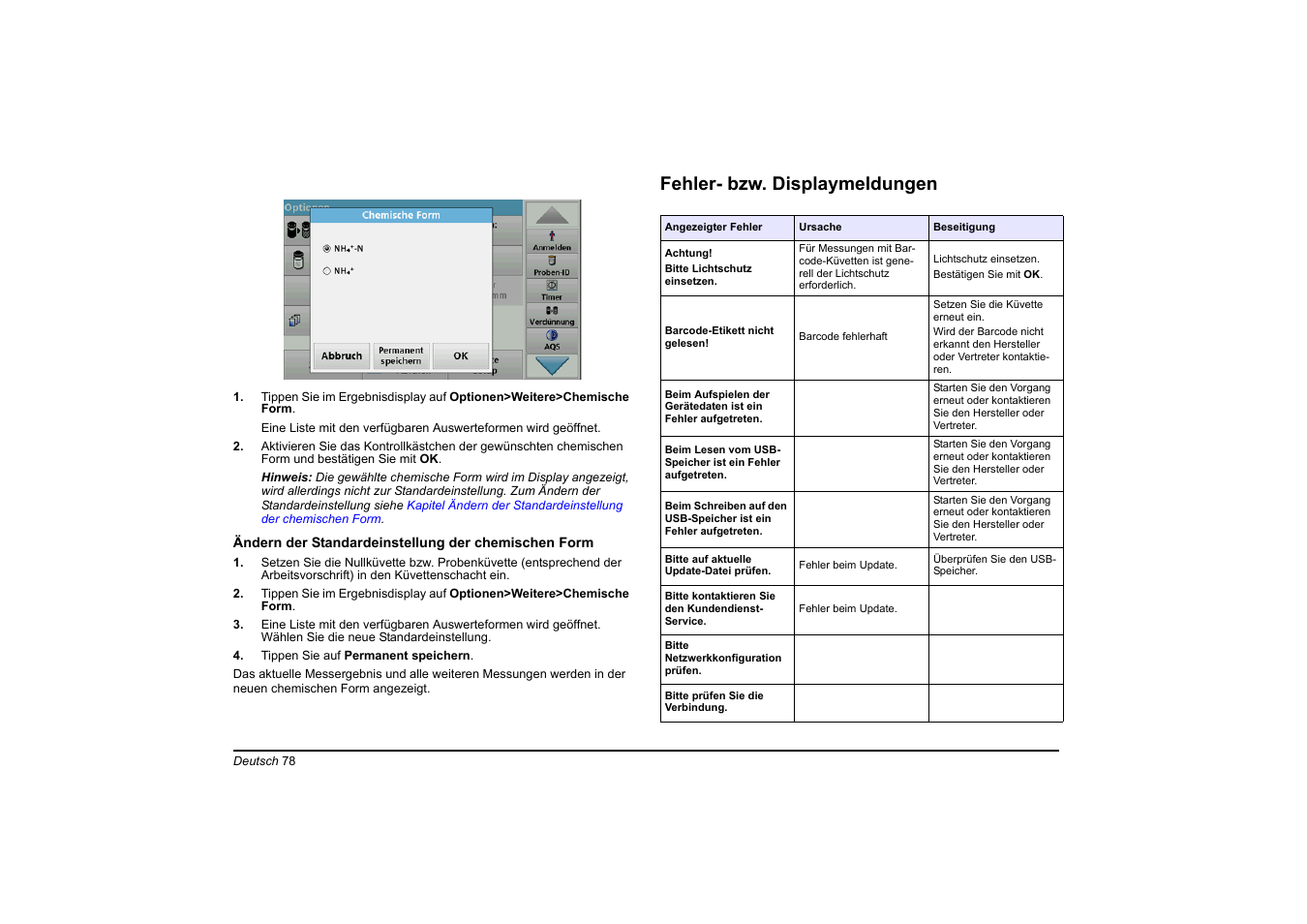Fehler- bzw. displaymeldungen | Hach-Lange DR 3900 Basic User Manual User Manual | Page 78 / 422