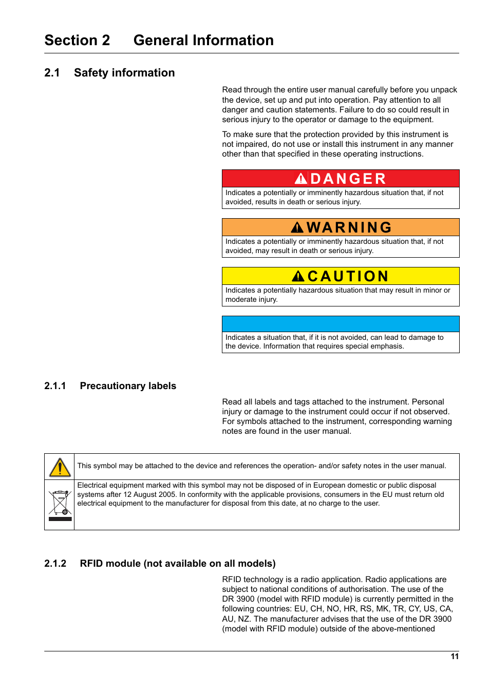 Section 2 general information, 1 safety information | Hach-Lange DR 3900 User Manual User Manual | Page 11 / 150