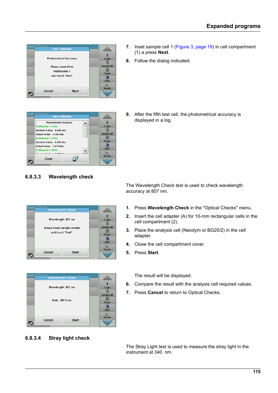 3 wavelength check 6.8.3.4 stray light check, Expanded programs | Hach-Lange DR 3900 User Manual User Manual | Page 115 / 150