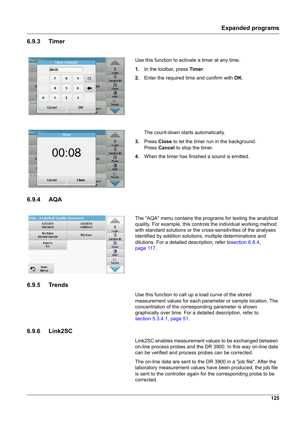 3 timer 6.9.4 aqa 6.9.5 trends 6.9.6 link2sc | Hach-Lange DR 3900 User Manual User Manual | Page 125 / 150