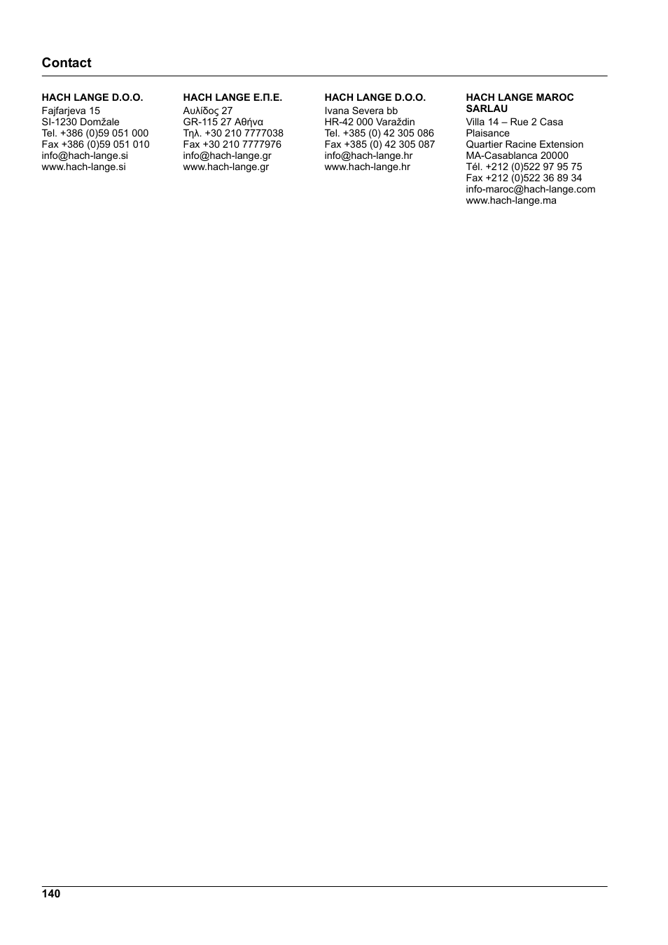 Contact | Hach-Lange DR 3900 User Manual User Manual | Page 140 / 150