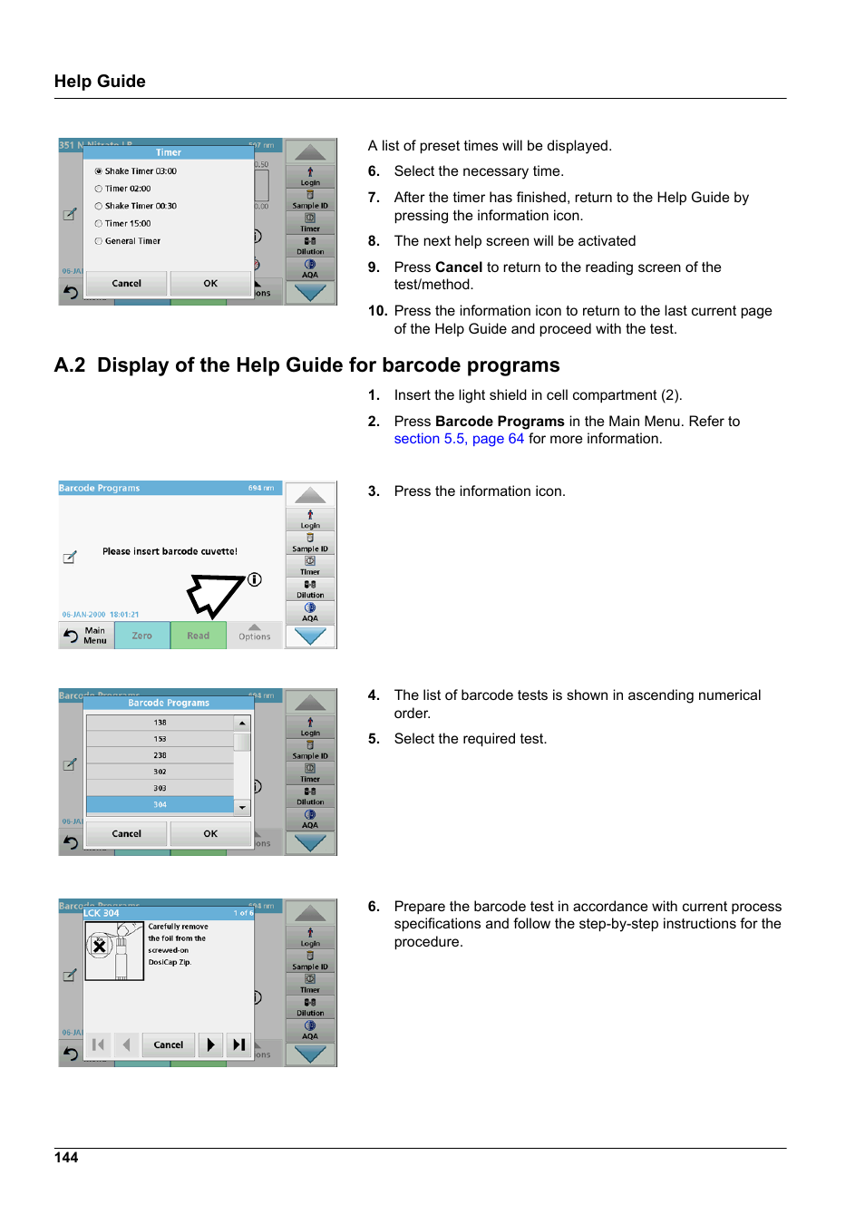 A.2 display of the help guide for barcode programs, Help guide | Hach-Lange DR 3900 User Manual User Manual | Page 144 / 150