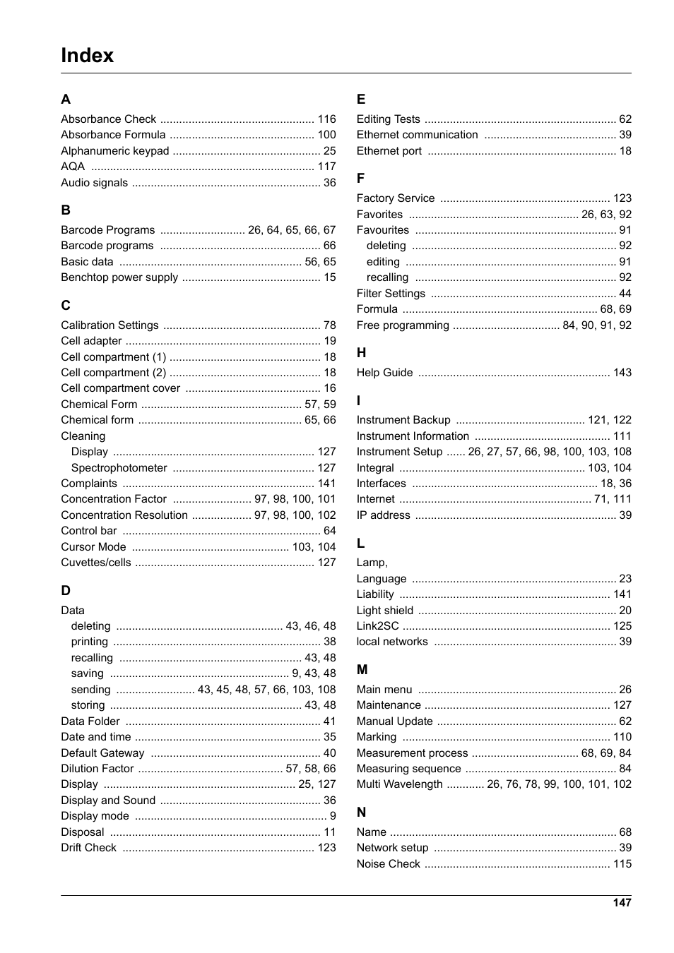 Index | Hach-Lange DR 3900 User Manual User Manual | Page 147 / 150