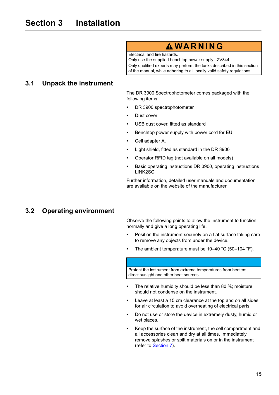 Section 3 installation, 1 unpack the instrument 3.2 operating environment, 1 unpack the instrument | 2 operating environment | Hach-Lange DR 3900 User Manual User Manual | Page 15 / 150