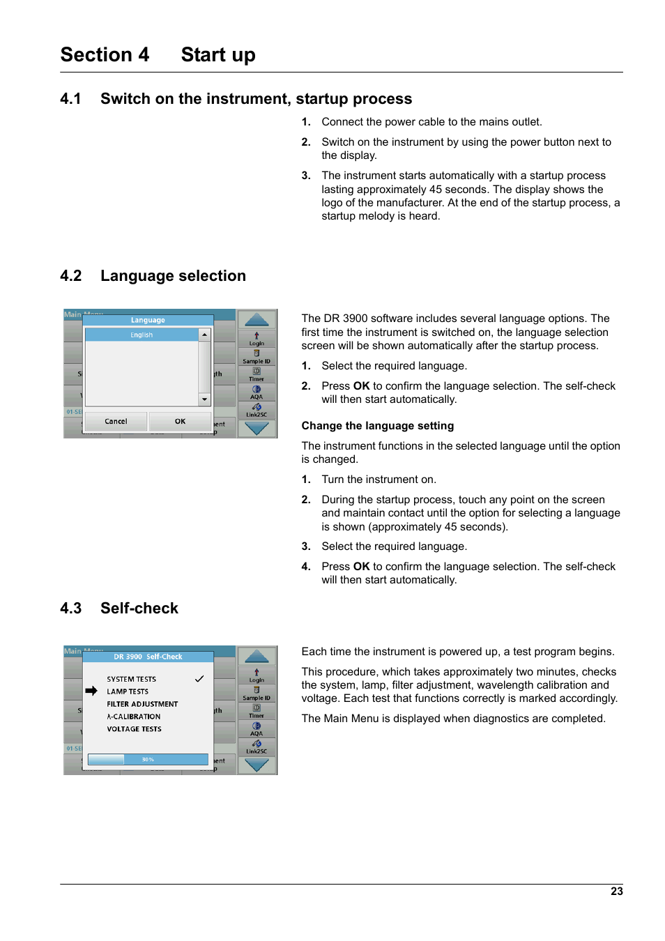 Section 4 start up, 1 switch on the instrument, startup process, 2 language selection | 3 self-check | Hach-Lange DR 3900 User Manual User Manual | Page 23 / 150