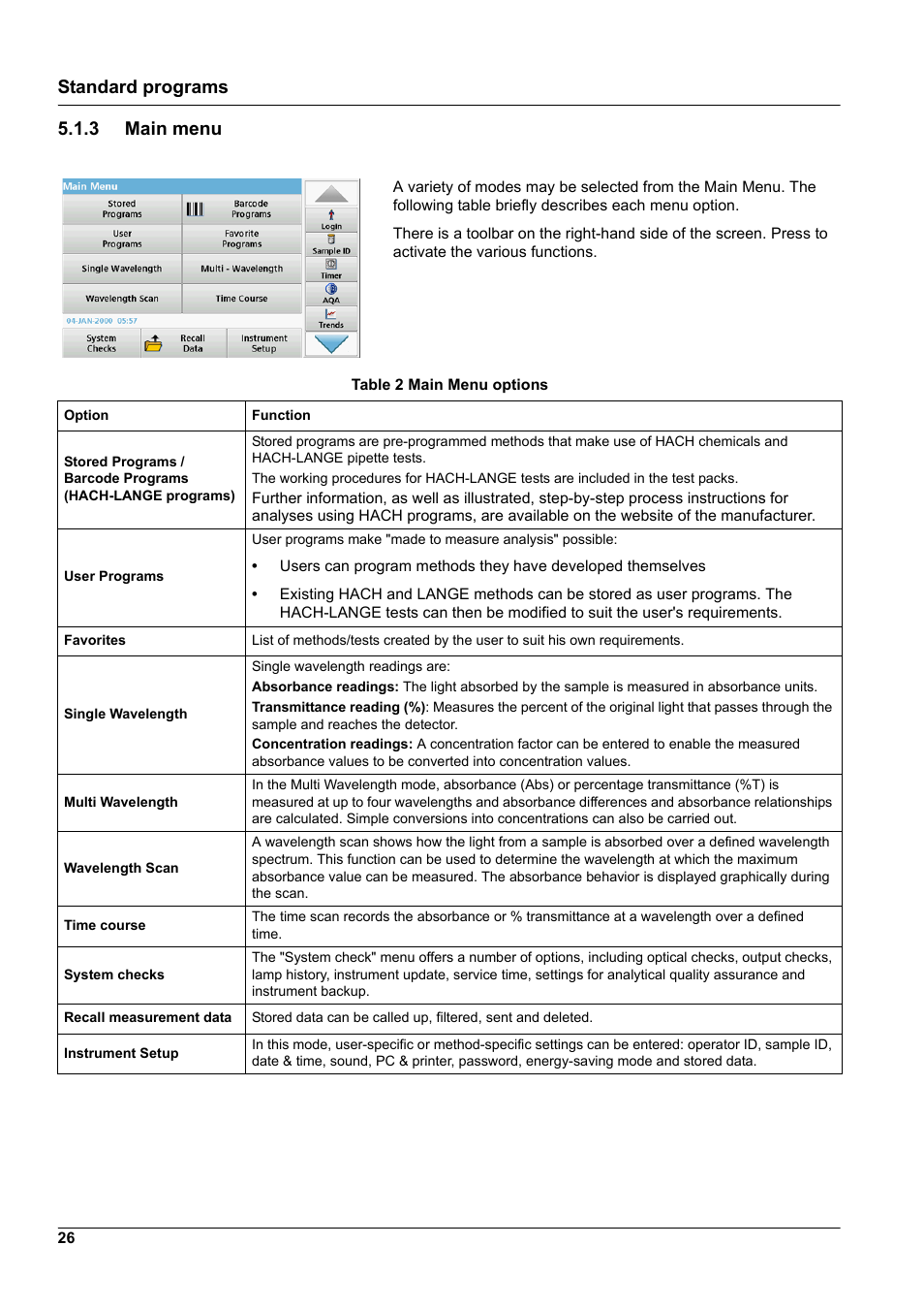 3 main menu, Standard programs 5.1.3 main menu | Hach-Lange DR 3900 User Manual User Manual | Page 26 / 150