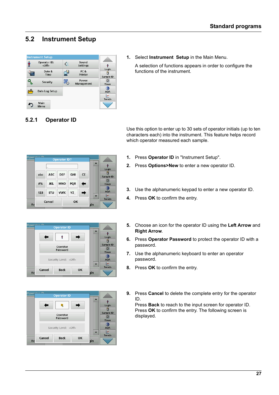 2 instrument setup, 1 operator id | Hach-Lange DR 3900 User Manual User Manual | Page 27 / 150