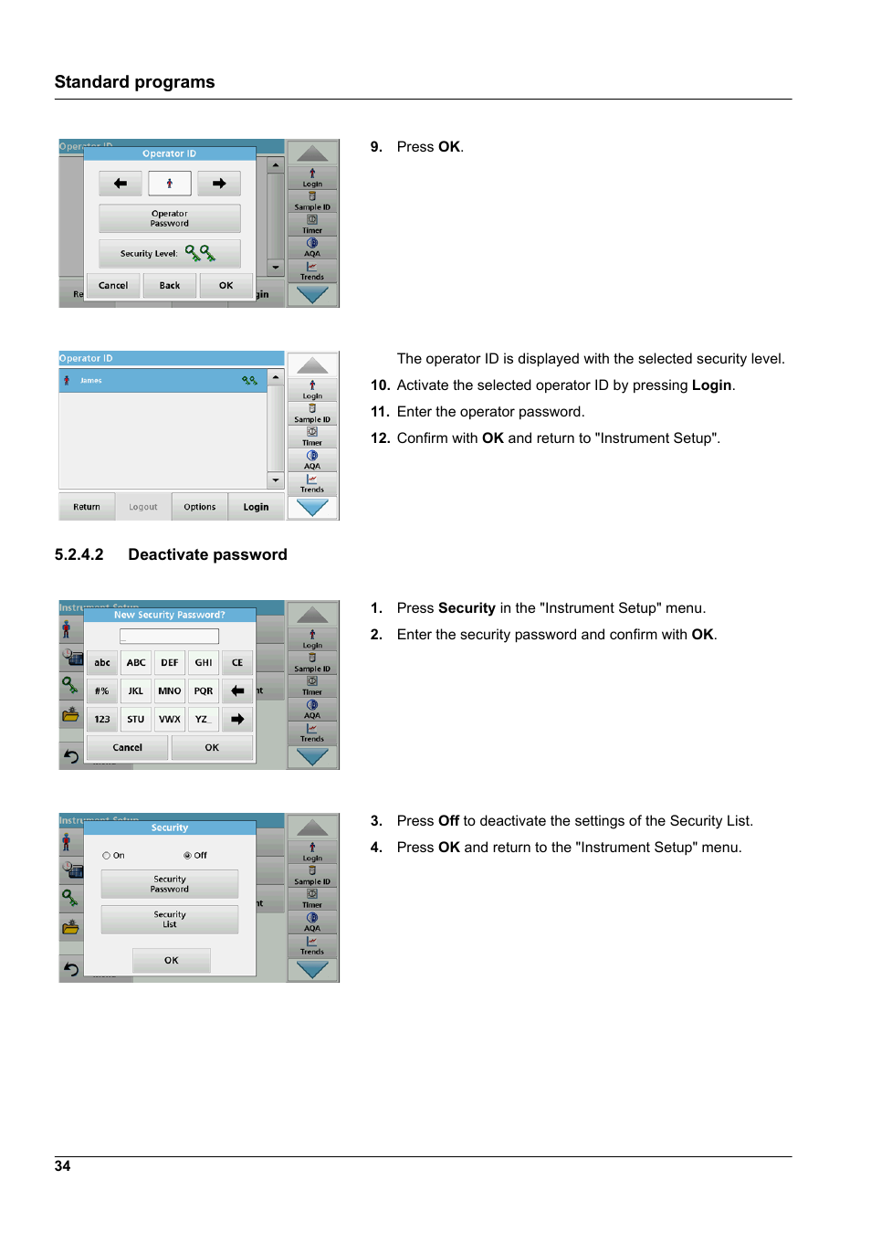 2 deactivate password, Standard programs | Hach-Lange DR 3900 User Manual User Manual | Page 34 / 150