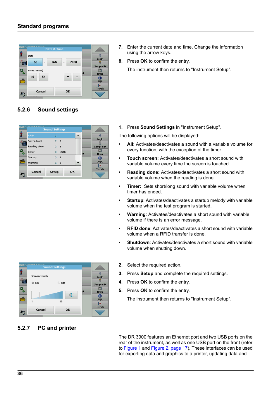6 sound settings 5.2.7 pc and printer, Standard programs, 6 sound settings | 7 pc and printer | Hach-Lange DR 3900 User Manual User Manual | Page 36 / 150