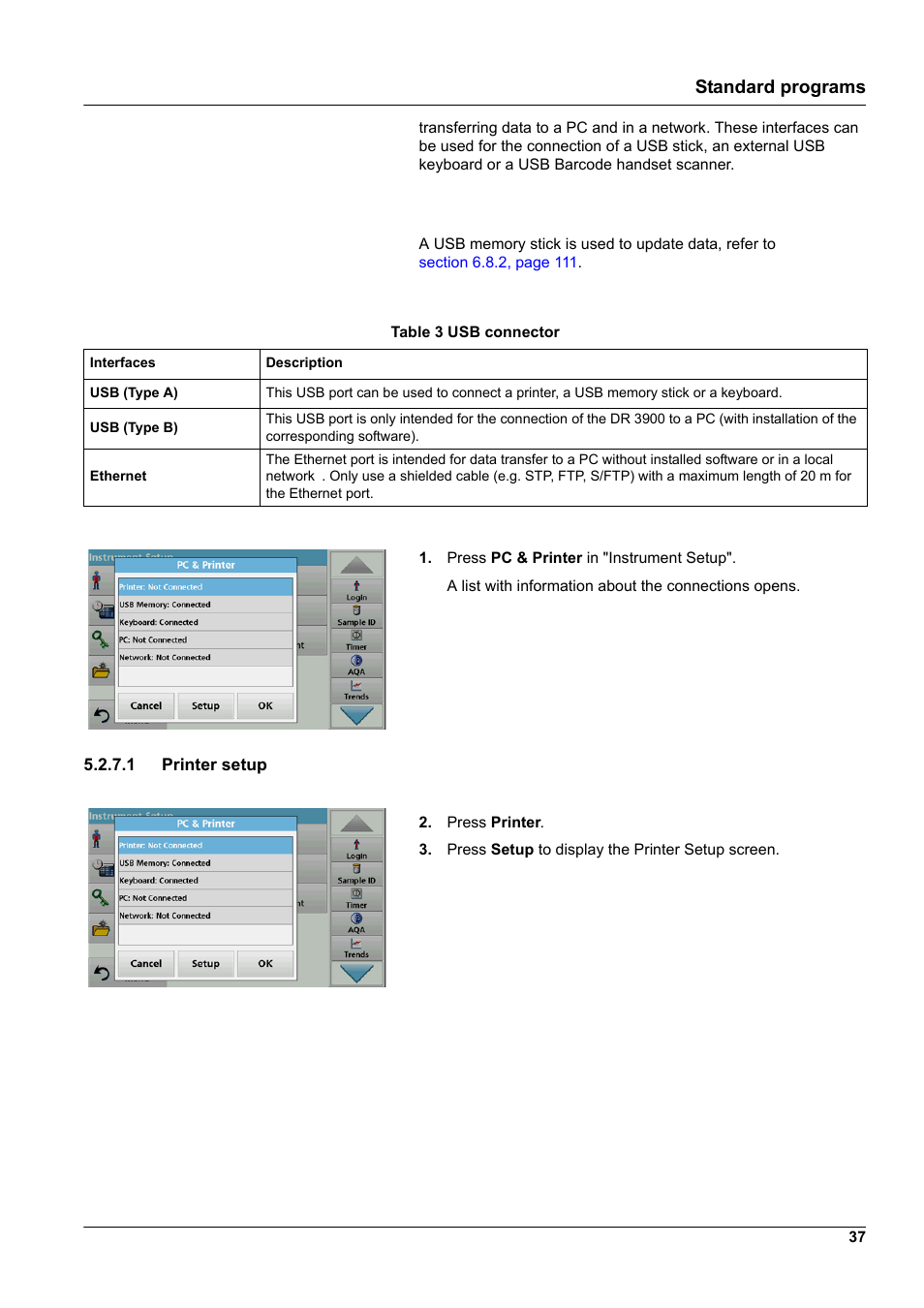 1 printer setup, Standard programs | Hach-Lange DR 3900 User Manual User Manual | Page 37 / 150