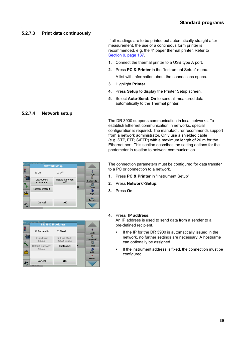 3 print data continuously 5.2.7.4 network setup, Standard programs | Hach-Lange DR 3900 User Manual User Manual | Page 39 / 150