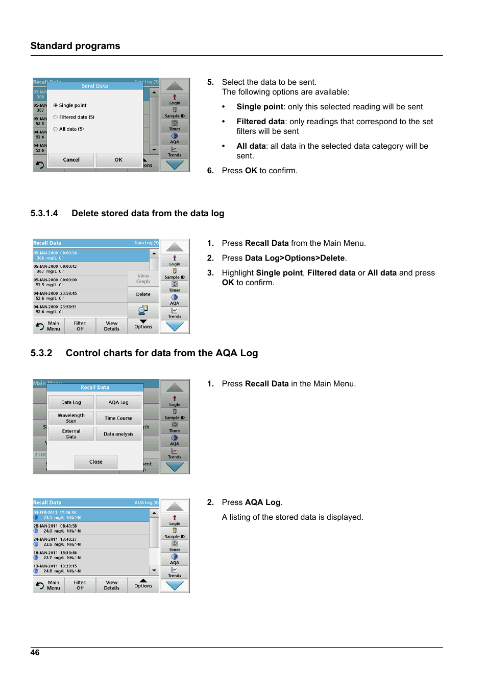 4 delete stored data from the data log, 2 control charts for data from the aqa log | Hach-Lange DR 3900 User Manual User Manual | Page 46 / 150