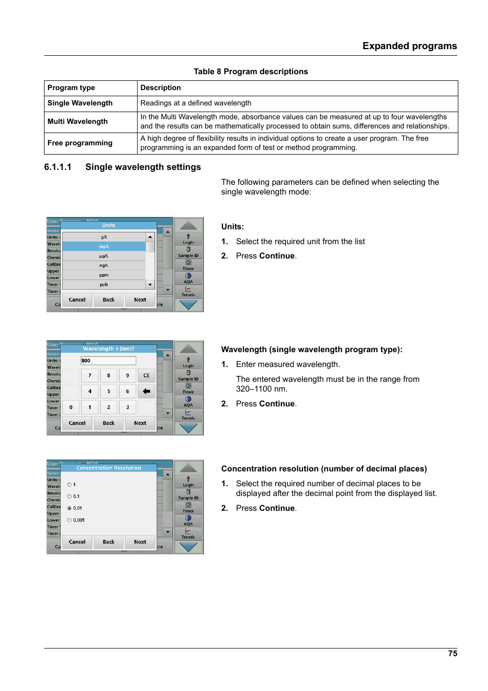 1 single wavelength settings, Expanded programs | Hach-Lange DR 3900 User Manual User Manual | Page 75 / 150