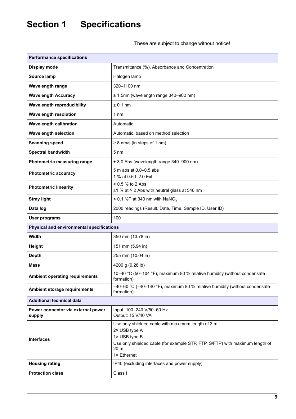 Section 1 specifications | Hach-Lange DR 3900 User Manual User Manual | Page 9 / 150