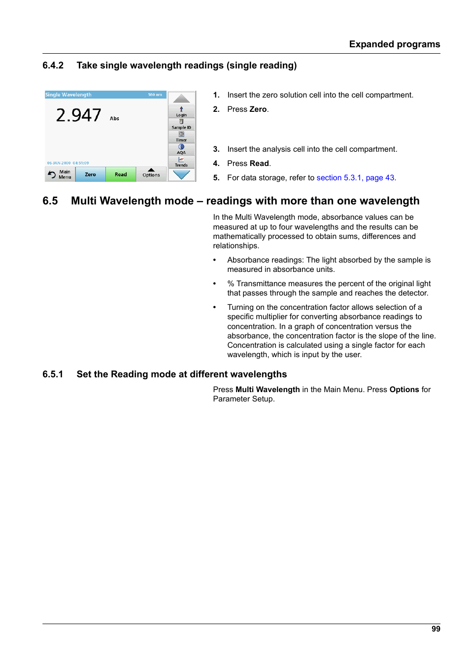 2 take single wavelength readings (single reading), 1 set the reading mode at different wavelengths | Hach-Lange DR 3900 User Manual User Manual | Page 99 / 150