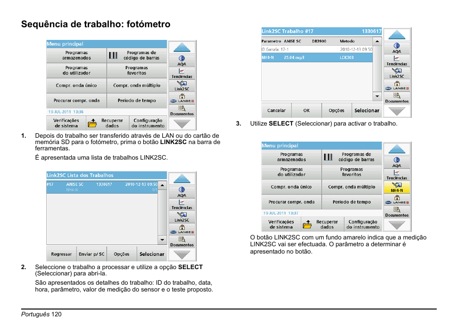 Sulte, Secção, Sequência de trabalho: fotómetro | Hach-Lange LINK2SC User Manual | Page 120 / 163