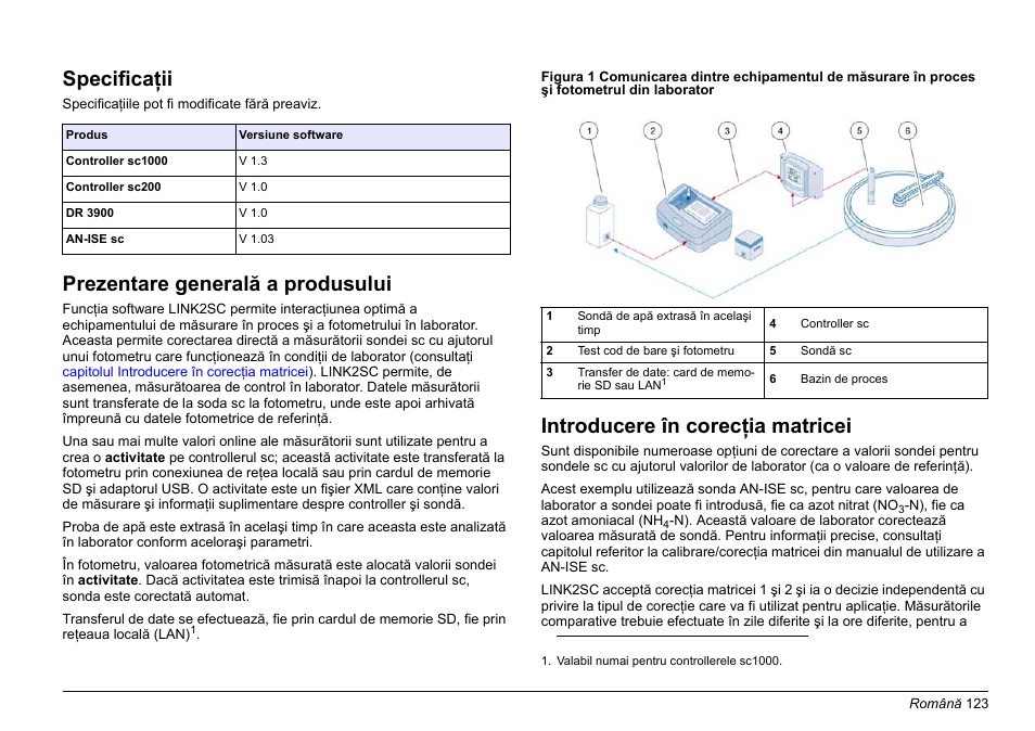 Română, Specificaţii, Prezentare generală a produsului | Introducere în corecţia matricei | Hach-Lange LINK2SC User Manual | Page 123 / 163