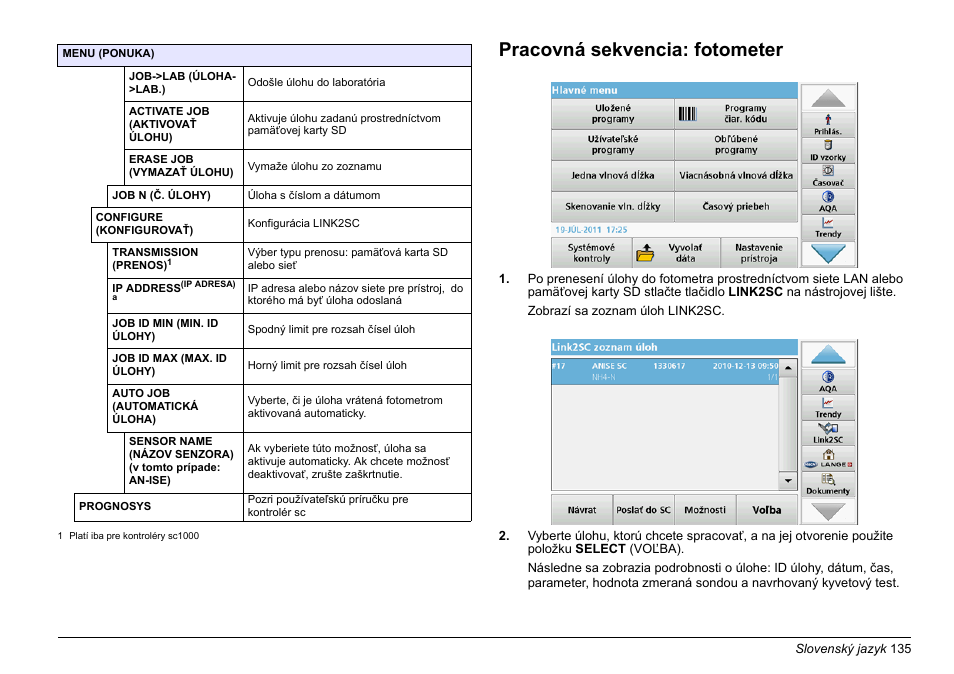 Časť pracovná, Sekvencia: fotometer, Pracovná sekvencia: fotometer | Hach-Lange LINK2SC User Manual | Page 135 / 163