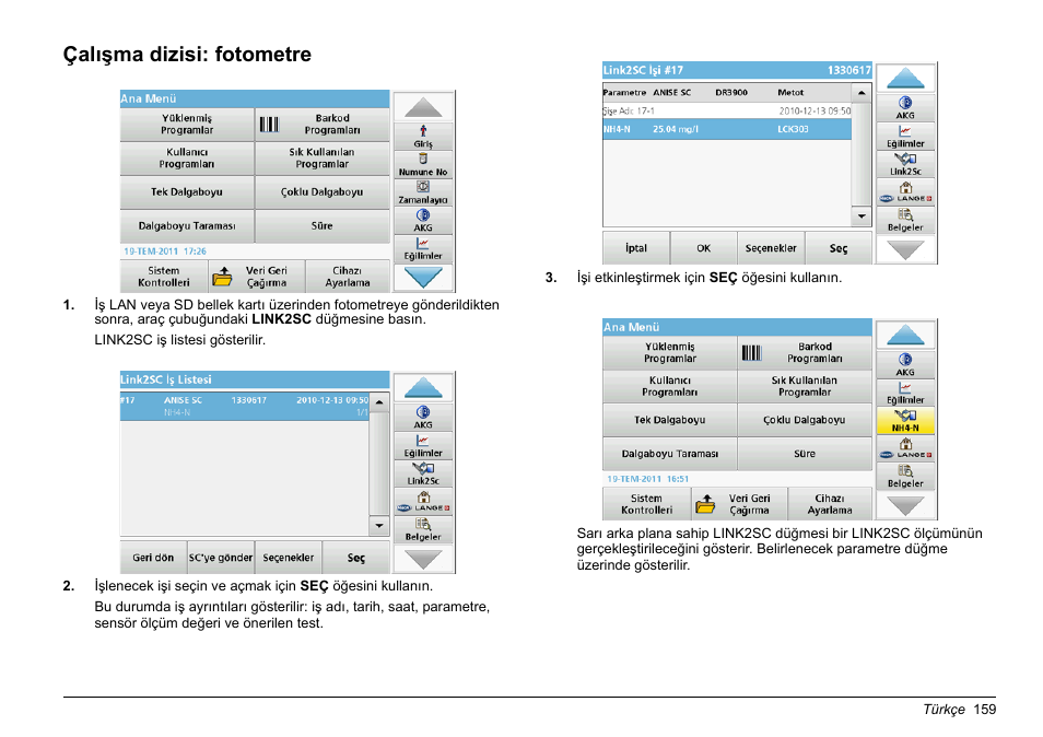 Bölüm çalışma dizisi, Fotometre, Çalışma dizisi: fotometre | Hach-Lange LINK2SC User Manual | Page 159 / 163