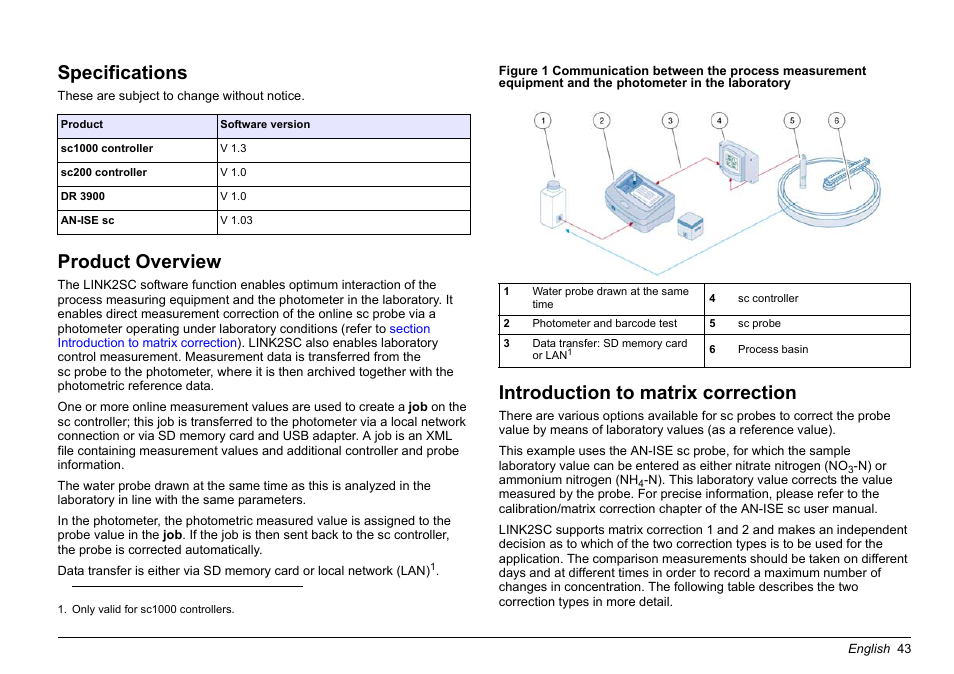 English, Specifications, Product overview | Introduction to matrix correction | Hach-Lange LINK2SC User Manual | Page 43 / 163