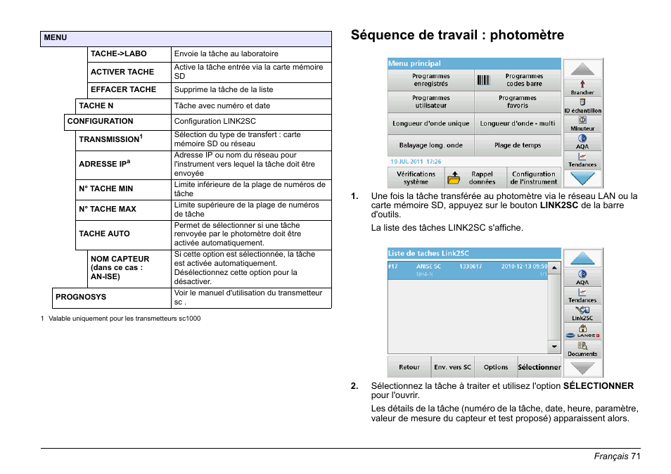 Section séquence de, Travail : photomètre, Séquence de travail : photomètre | Hach-Lange LINK2SC User Manual | Page 71 / 163