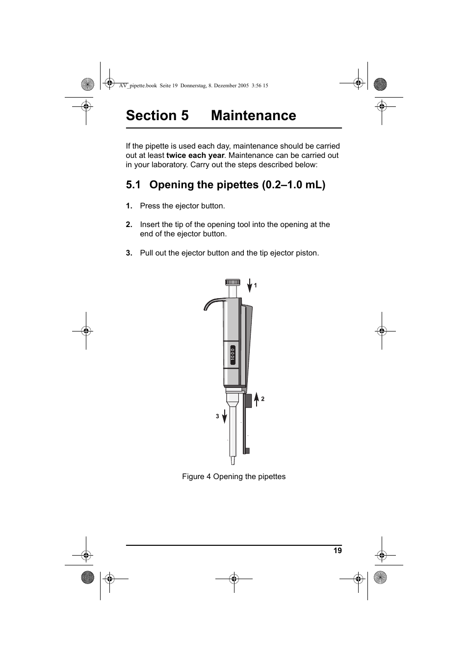 Section 5 maintenance, 1 opening the pipettes (0.2-1.0 ml), 1 opening the pipettes (0.2–1.0 ml) | Hach-Lange Piston pipette User Manual | Page 21 / 96