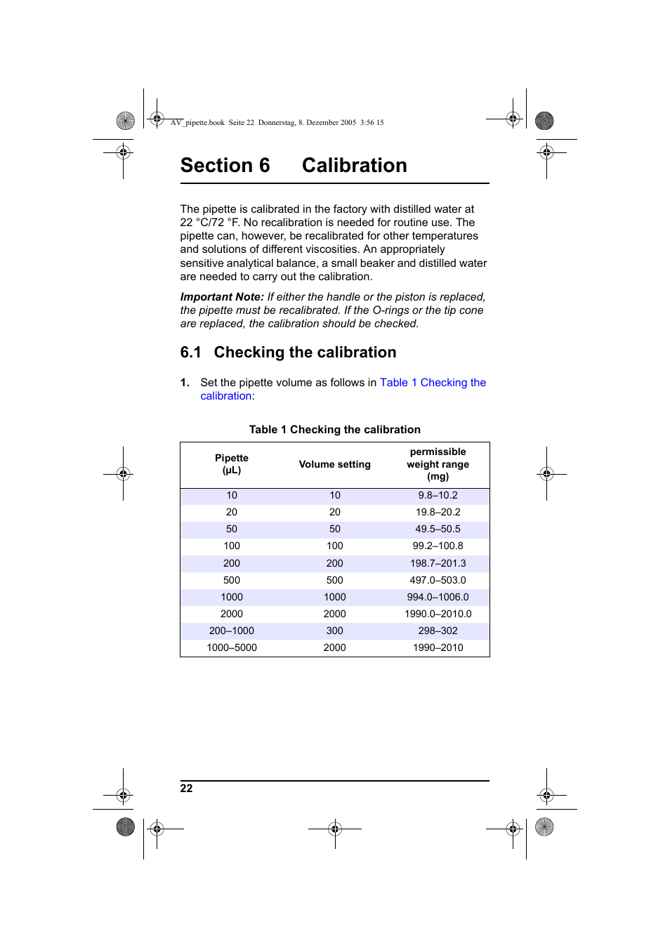 Section 6 calibration, 1 checking the calibration | Hach-Lange Piston pipette User Manual | Page 24 / 96