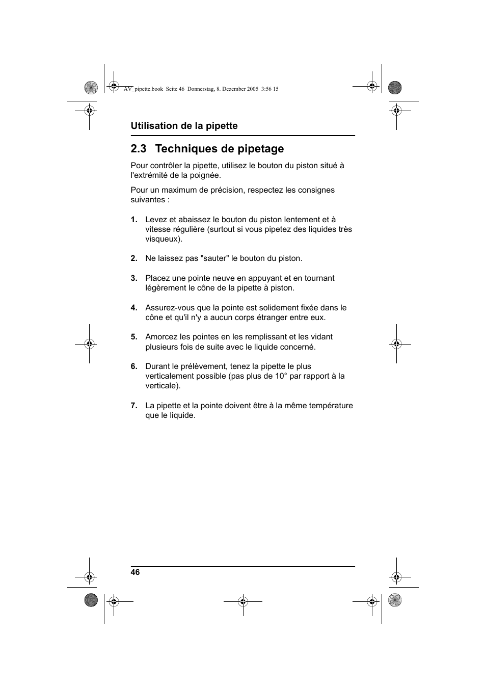 3 techniques de pipetage, Utilisation de la pipette | Hach-Lange Piston pipette User Manual | Page 48 / 96