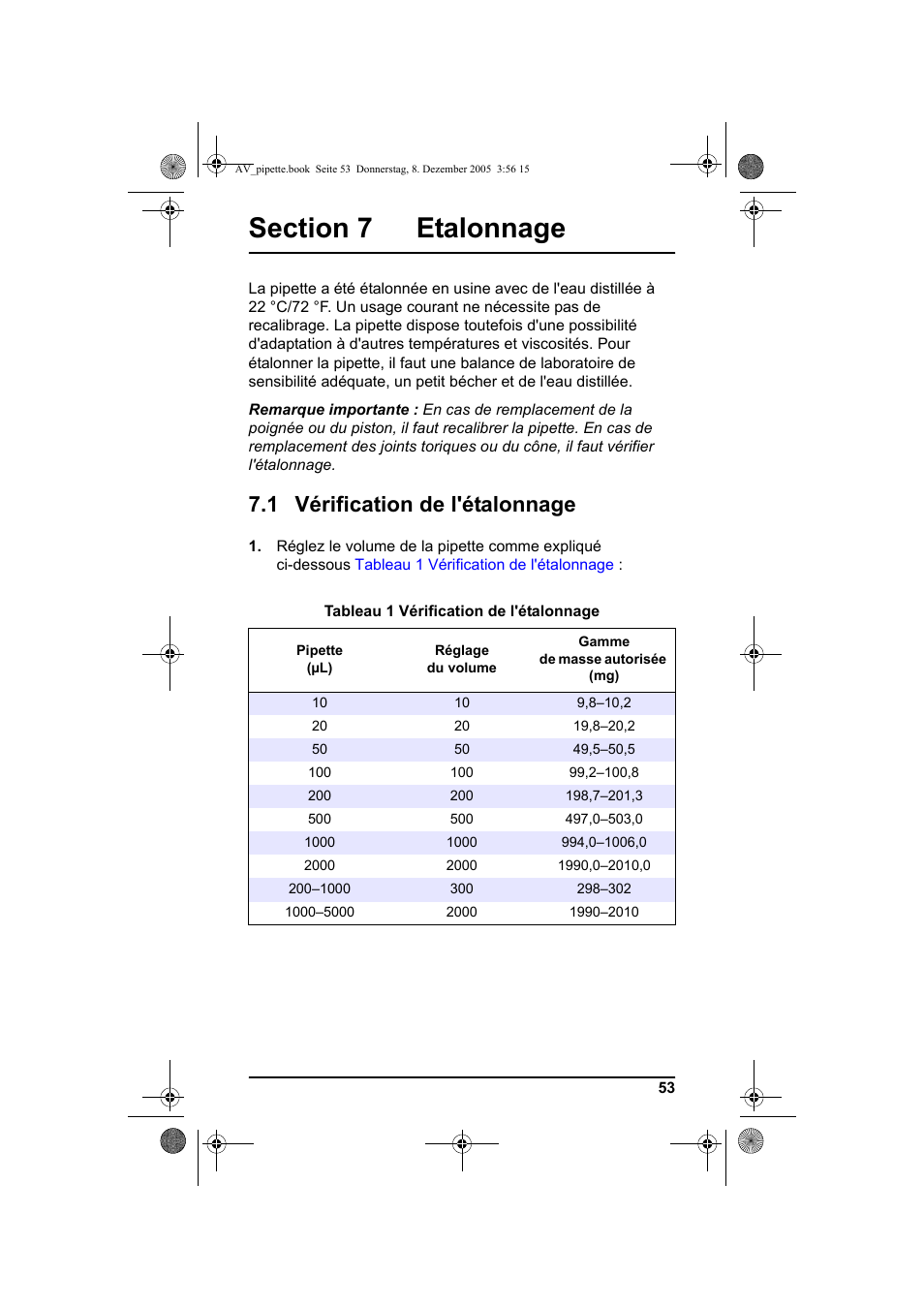 Section 7 etalonnage, 1 vérification de l'étalonnage | Hach-Lange Piston pipette User Manual | Page 55 / 96