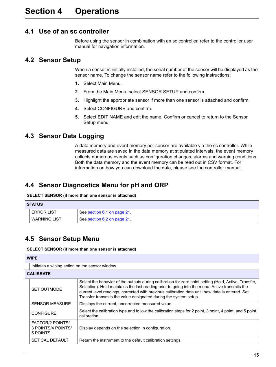 Section 4 operations, 1 use of an sc controller, 2 sensor setup | 3 sensor data logging, 4 sensor diagnostics menu for ph and orp, 5 sensor setup menu | Hach-Lange SOLITAX sc User Manual | Page 15 / 30