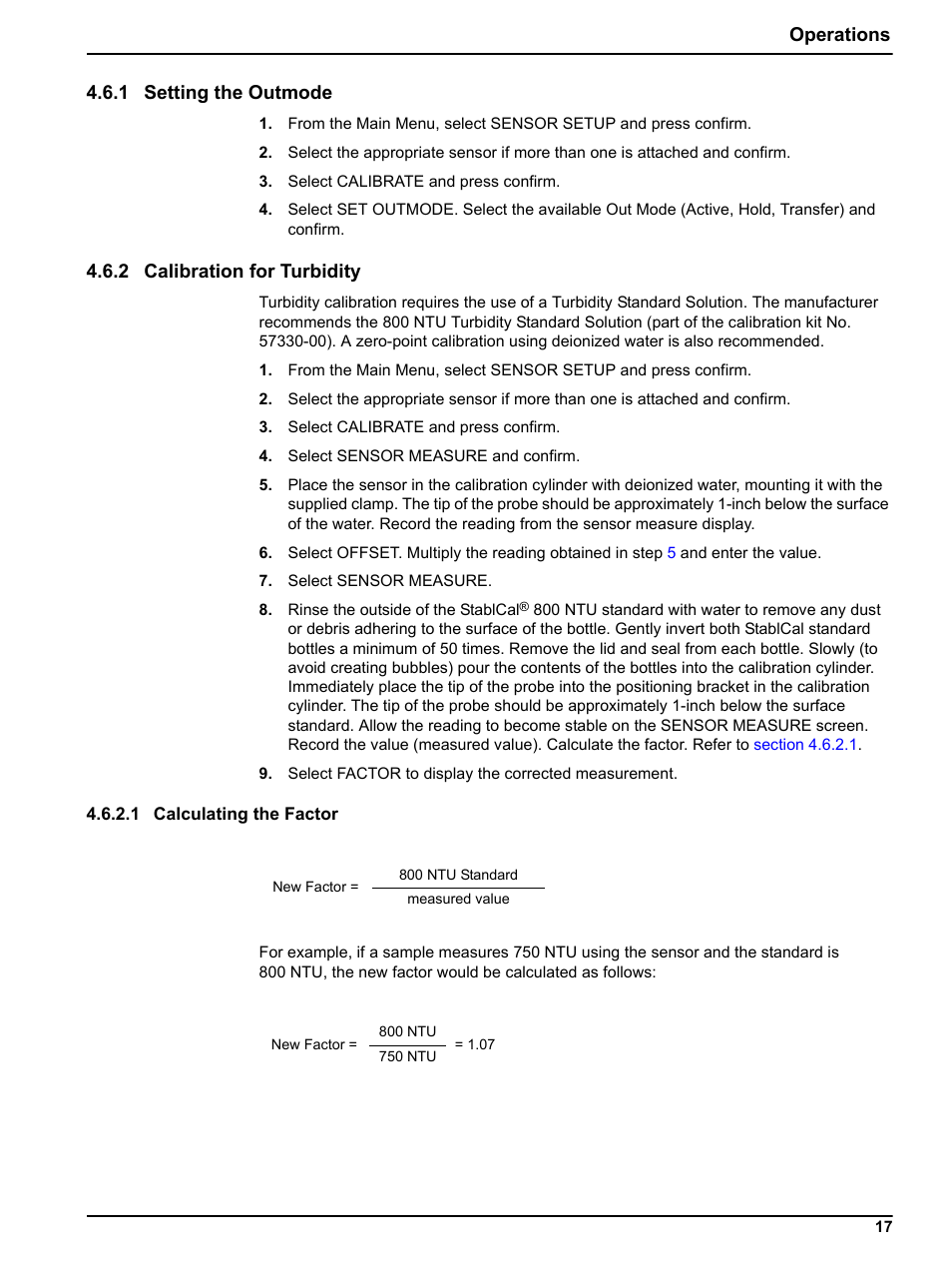 1 setting the outmode, 2 calibration for turbidity, 1 calculating the factor | Section 4.6.2, E menu (refer to, Section 4.6.1, Operations 4.6.1 setting the outmode | Hach-Lange SOLITAX sc User Manual | Page 17 / 30