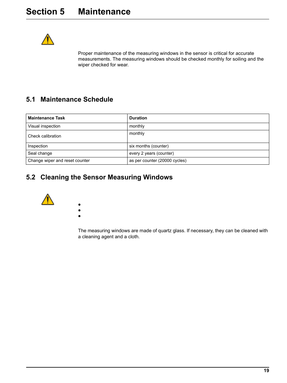 Section 5 maintenance, 1 maintenance schedule, 2 cleaning the sensor measuring windows | Hach-Lange SOLITAX sc User Manual | Page 19 / 30