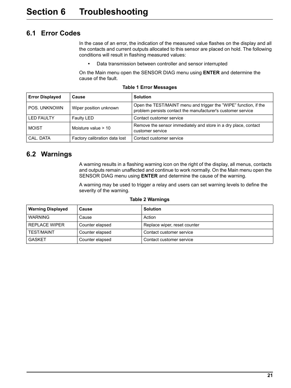 Section 6 troubleshooting, 1 error codes, 2 warnings | 1 error codes 6.2 warnings | Hach-Lange SOLITAX sc User Manual | Page 21 / 30