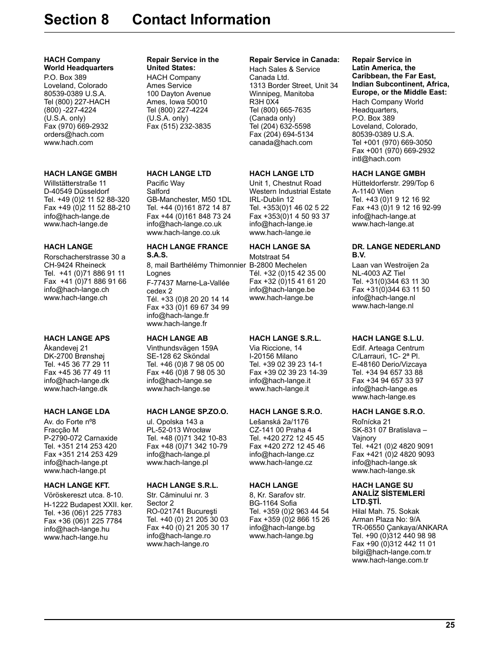 Section 8 contact information | Hach-Lange SOLITAX sc User Manual | Page 25 / 30