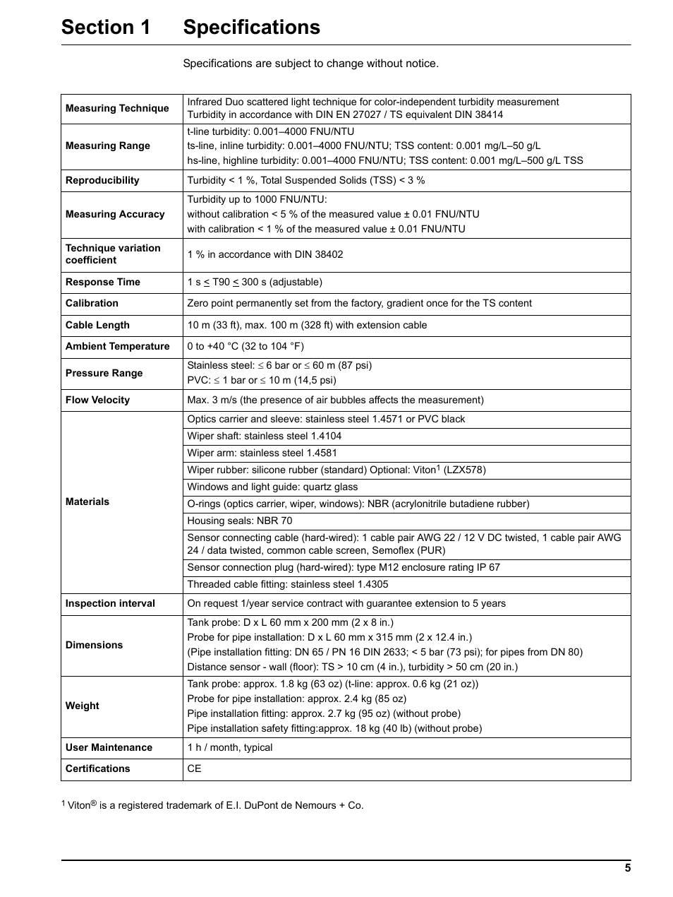 Section 1 specifications | Hach-Lange SOLITAX sc User Manual | Page 5 / 30